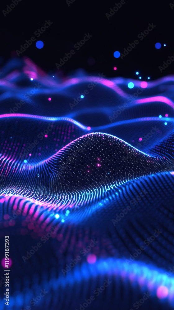 Leinwandbilder flowing blue and pink digital particle wave with glowing bokeh effect against dark backdrop