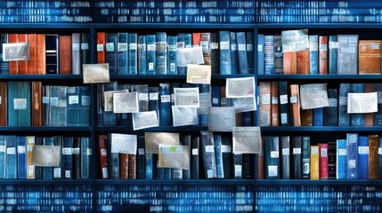 digital archive showcasing library filled with books and documents, featuring various notes and papers attached to shelves, representing wealth of information and knowledge