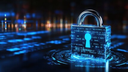 digital lock symbolizing data security and privacy, surrounded by binary code and glowing elements, represents importance of safeguarding information in digital age