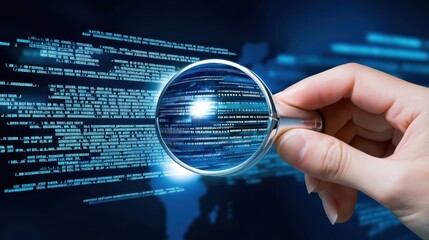 hand holding magnifying glass over digital data, symbolizing analysis and investigation. image conveys sense of exploration and discovery in technology