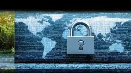 padlock over digital world map symbolizes information security and protection. This conveys importance of safeguarding data in connected environment