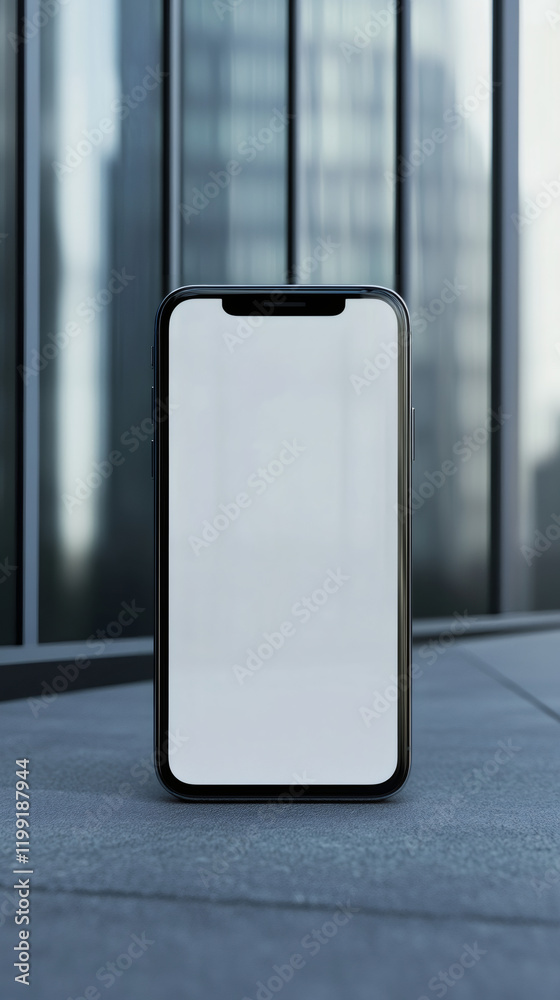 Poster smartphone displaying blank white screen lying on rough concrete surface, blurred urban skyscrapers 