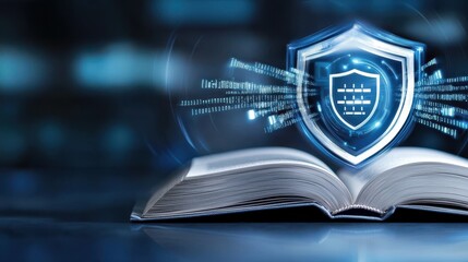 shield icon over open book symbolizes information security and protection. This conveys importance of safeguarding knowledge in digital age