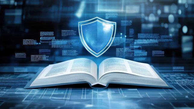 Shield icon over open book symbolizing information security and knowledge. This digital representation highlights importance of protecting data in modern context - Powered by Adobe