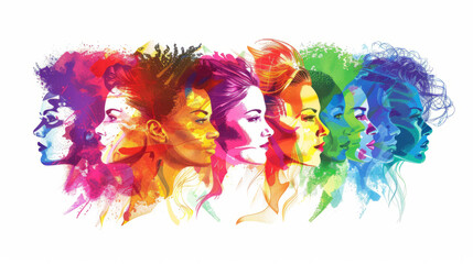 Closeup minimalist multiple diverse women's faces in profile vintage retro off center both sides pop art drawn illustration on white background center copy space female beauty	