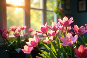 Sunlight streaming through window onto blooming flowers, tranquility, uplifting, health