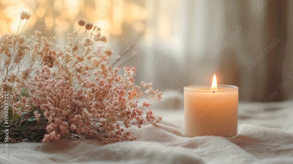 Poster a serene flat-lay captures the warm glow of a lit candle alongside gently arranged dried flowers. so