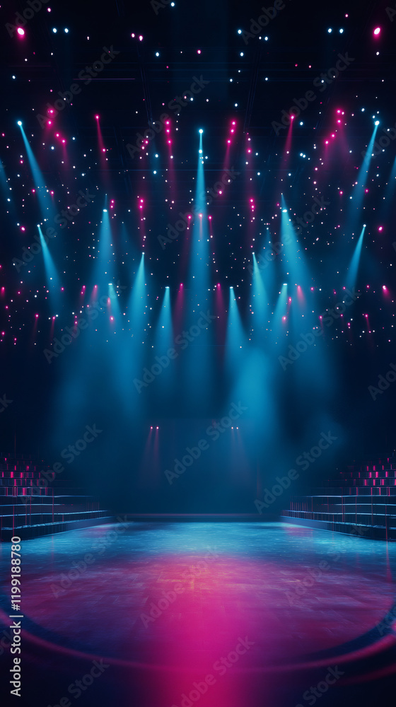 Poster empty stage with blue and pink lights creating a vibrant and exciting atmosphere, perfect for any pe
