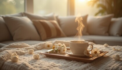 Cozy morning with tea and flowers by the window.