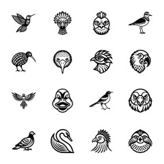 Set of Glyph Style Tropical Birds Icons 