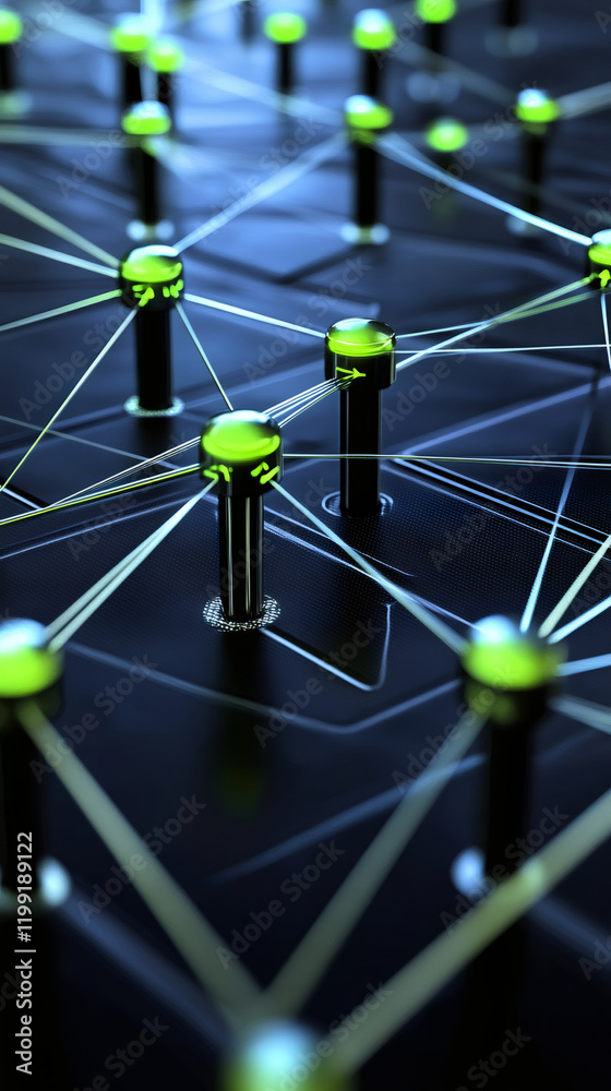 Leinwandbilder glowing green nodes exchanging data, forming a complex and futuristic network against a dark backgro