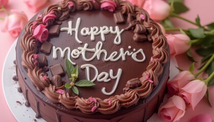 Chocolate cake with "Happy Mother's Day" decoration.