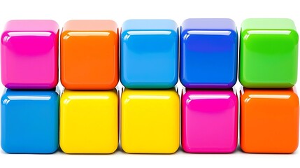 A bold and vibrant scene of cubes in various colors arranged in a layered, dimensional layout