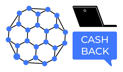 Obraz premium Geometric network with connected nodes, laptop silhouette, and CASH BACK in speech bubble. Ideal for online shopping, finance, internet commerce, reward programs, digital savings, financial