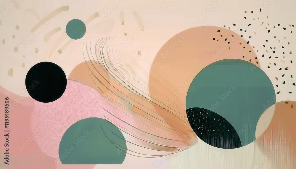 Poster abstract earthy tone composition with overlapping geometric shapes, muted circles, and flowing curve