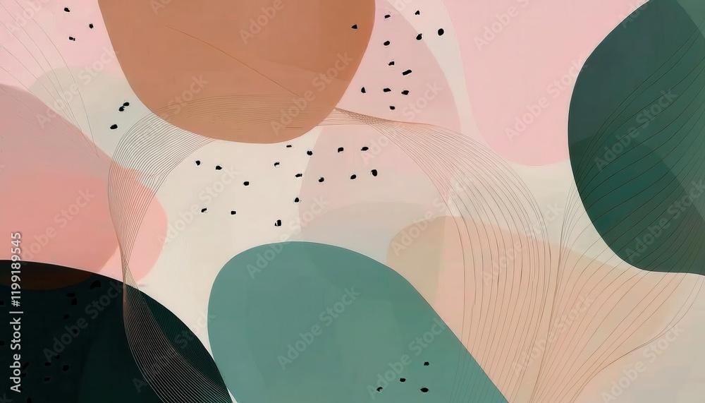 Poster abstract earthy tone composition with overlapping geometric shapes, muted circles, and flowing curved lines for modern wall decor