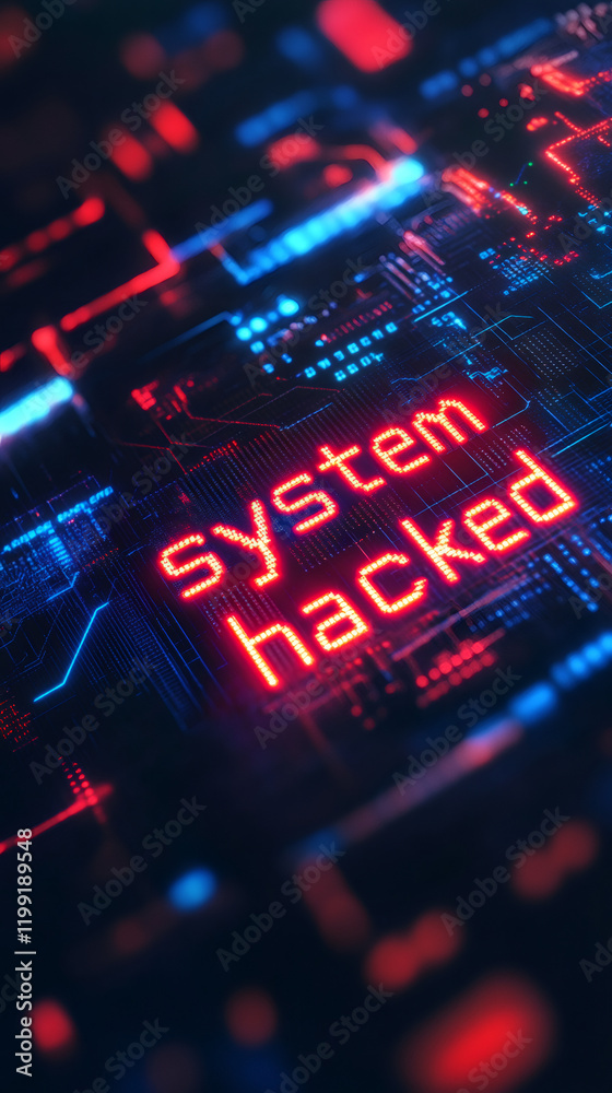 Aufkleber Red warning message system hacked on a computer circuit board with binary code, cybercrime and security breach concept