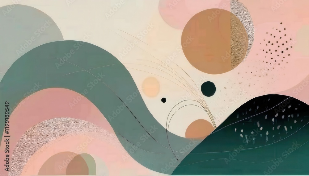 Poster abstract earthy tone composition with overlapping geometric shapes, muted circles, and flowing curved lines for modern wall decor