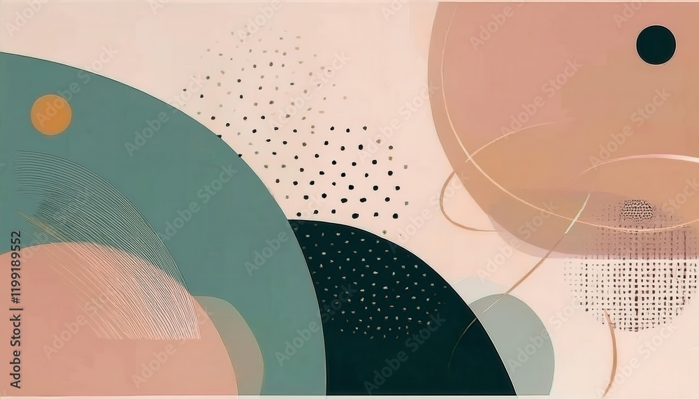 Poster abstract earthy tone composition with overlapping geometric shapes, muted circles, and flowing curved lines for modern wall decor