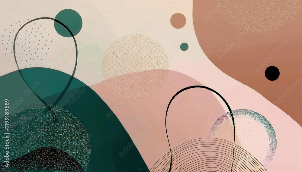 Poster abstract earthy tone composition with overlapping geometric shapes, muted circles, and flowing curved lines for modern wall decor