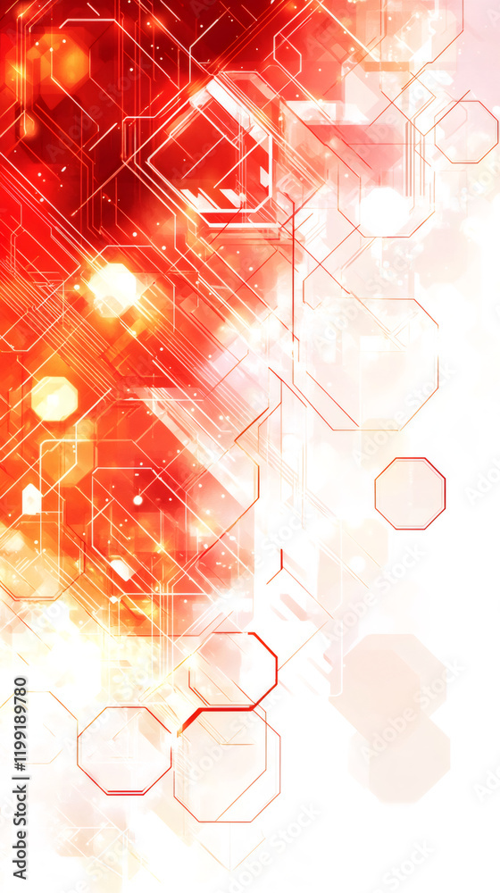 Fototapete red and white abstract technology background fading to white with glowing hexagons and circuit board