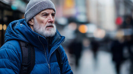 Senior man in winter wear during urban commute. Great for active aging, urban lifestyle, or winter fashion content.