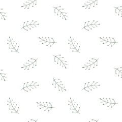Simple seamless pattern with green branches on white background, botanic pattern, frolar pattern, kitchen print, fabric design, packaging pattern, digital watercolor