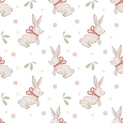 Seamless pattern with cute bunnies, rabbit pattern, bunny fabric design, kids illustration, kids pattern, watercolor illustration