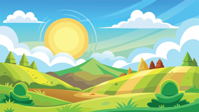AI Generated scenic vector landscape featuring rolling hills, a bright sun, and fluffy clouds in a charming cartoon style