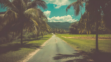Scenic tropical road winding through lush palm trees and verdant fields under a vibrant sky.  Perfect for travel and vacation themes.