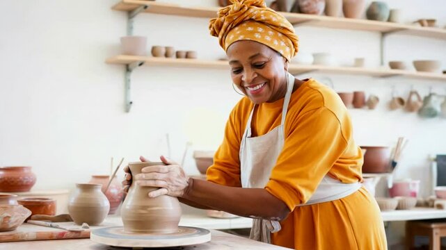 Creating a clay masterpiece: Black woman making artisanal pottery in a light studio