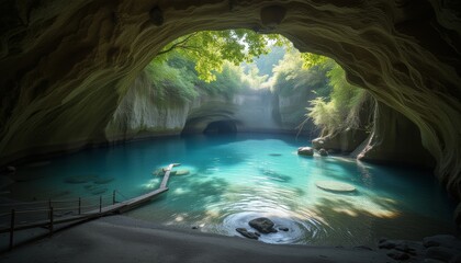 Fototapeta premium Hidden cave with turquoise water and lush greenery