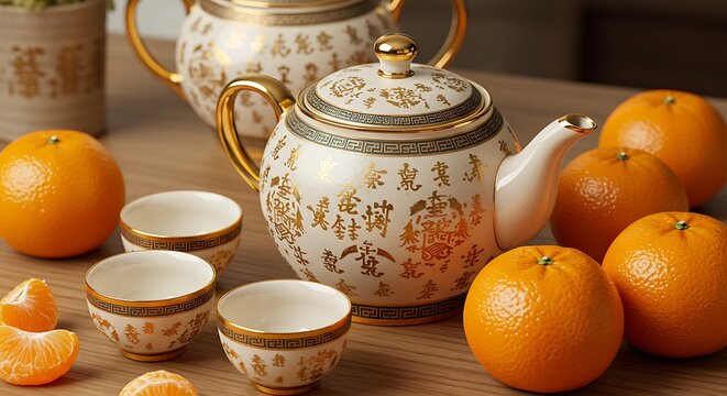 Elegant Traditional Chinese Tea Set with Gold Patterns, Accented by Fresh Oranges and Tangerines