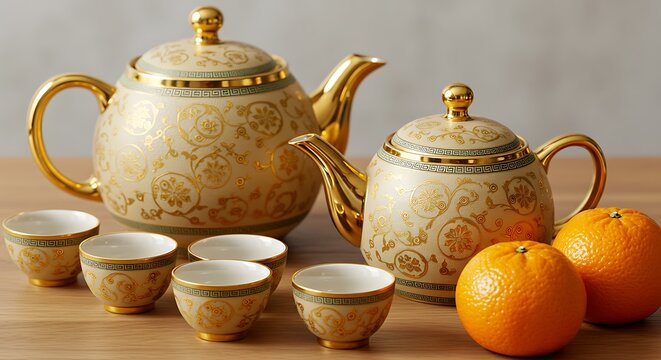 Elegant Traditional Chinese Tea Set with Gold Patterns, Accented by Fresh Oranges and Tangerines