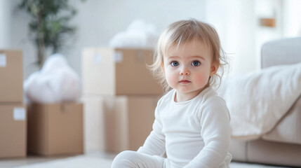 Fototapeta premium In a minimalist living room with white walls and wooden floors, stacks of labeled moving boxes sit next to a small coffee table holding unpacked essentials.