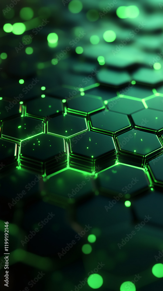 Poster Glowing hexagonal grid casting emerald illumination, representing innovative technological landscape with sleek digital aesthetic