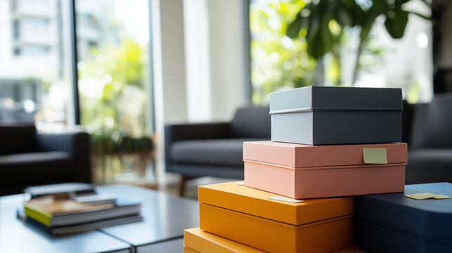 Sticky notes in different colors adorn stacks of boxes in a modern living room, their precise labels ensuring a smooth unpacking process.