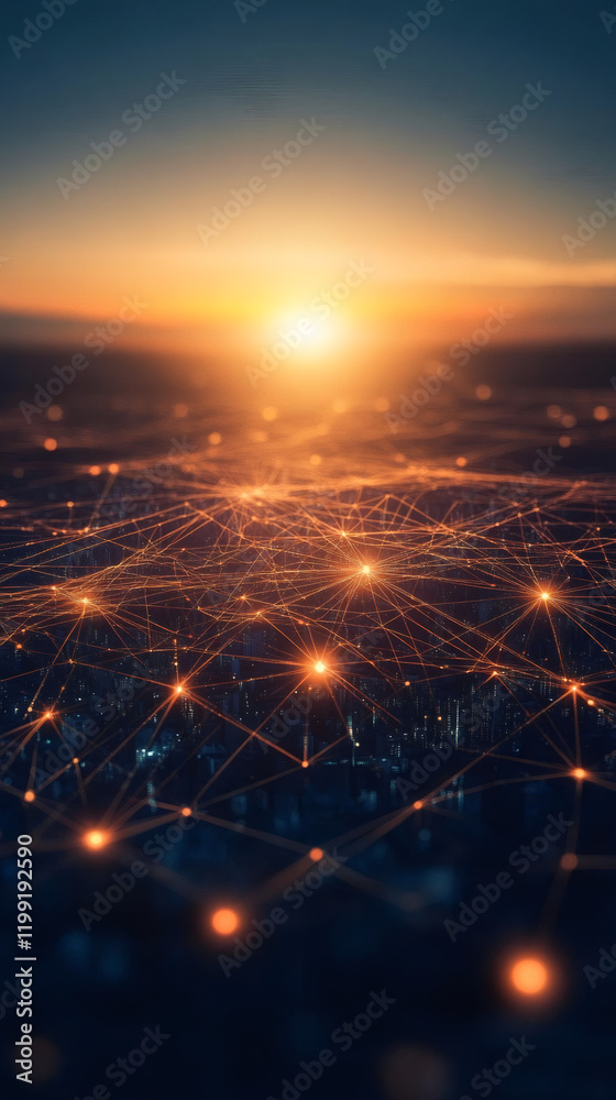 Poster futuristic network spreading over a city during a beautiful sunset, representing global connection a