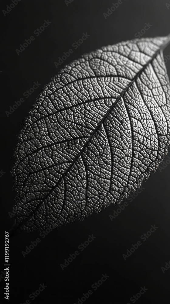 Aufkleber Close-up view highlights the complex network of veins on a leaf, emphasizing natural patterns and textures against a dark background in a peaceful moment of botanical elegance
