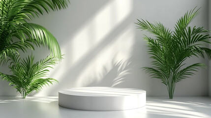 Fototapeta premium Elegant indoor display area with lush greenery and soft natural lighting