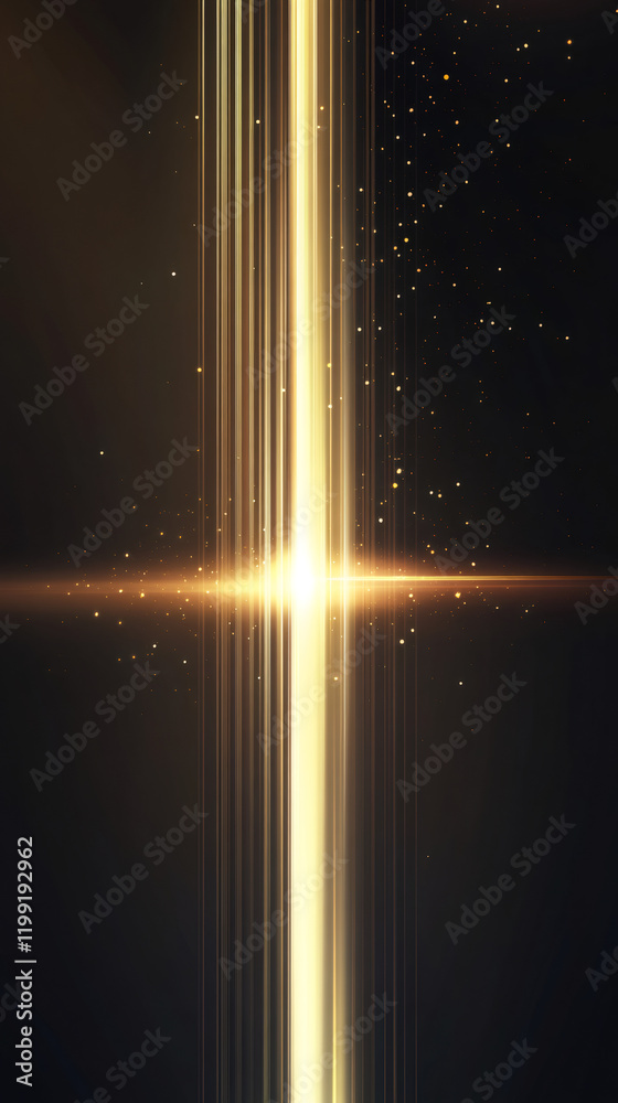 Poster luminous golden ray penetrating dusty atmosphere, casting otherworldly glow against deep shadowy bac