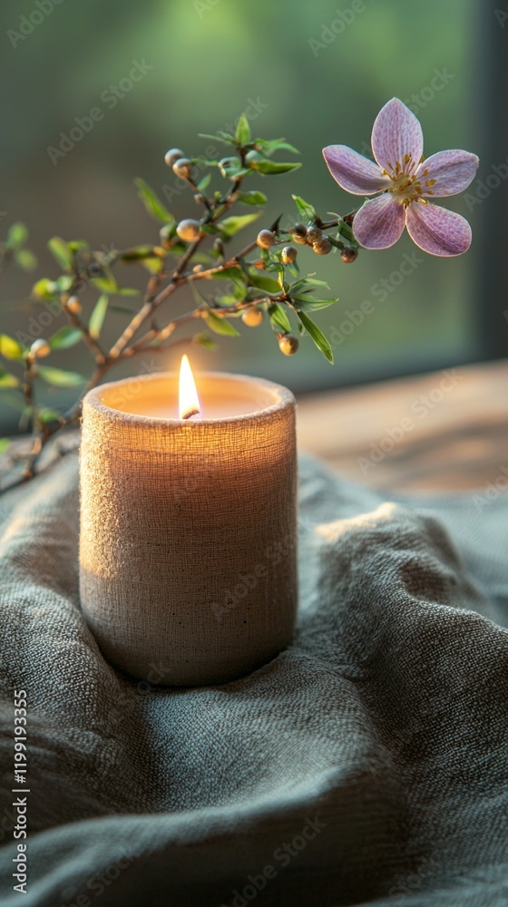 Poster a soothing flat-lay captures the warm glow of a candle surrounded by soft fabric and a delicate flow