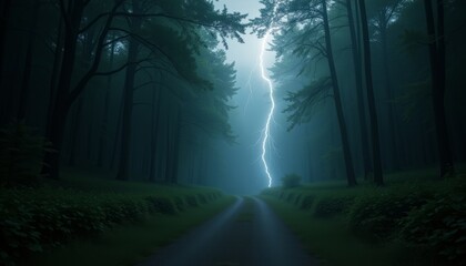 Fototapeta premium Lightning striking over a dark forest path