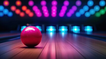 Naklejka premium Bowling action with vibrant lights indoor alley sports photography colorful atmosphere
