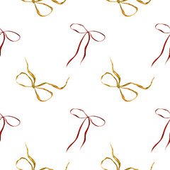 Hand drawn watercolor seamless pattern with red hearts and decorative bows. Soft red, orange, and green tones. romantic and elegant. Ideal for textiles, gift wrap, wallpaper, stationery, invitations