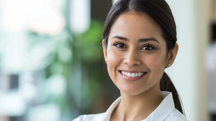 Latin American professional woman smiling. Ideal for workplace diversity, professional success, or corporate achievement.