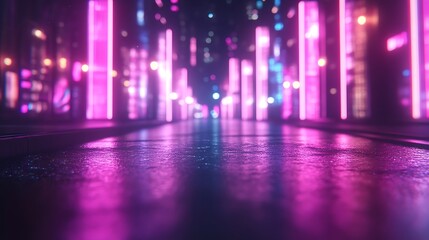 Neon Cityscape Night Street Reflecting Lights