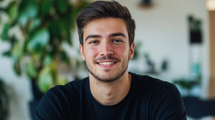 Fototapeta premium Young man with friendly smile in casual setting. Suitable for modern lifestyle, natural portraits, or approachable professionalism.