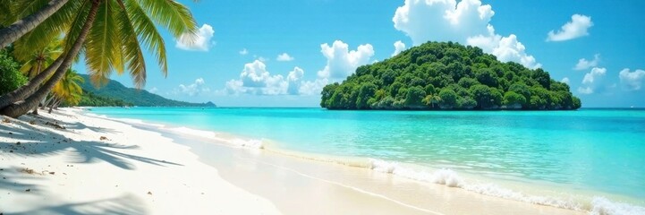 Fototapeta premium White sand beach, turquoise water, lush island backdrop, scenic, wallpaper, beautiful