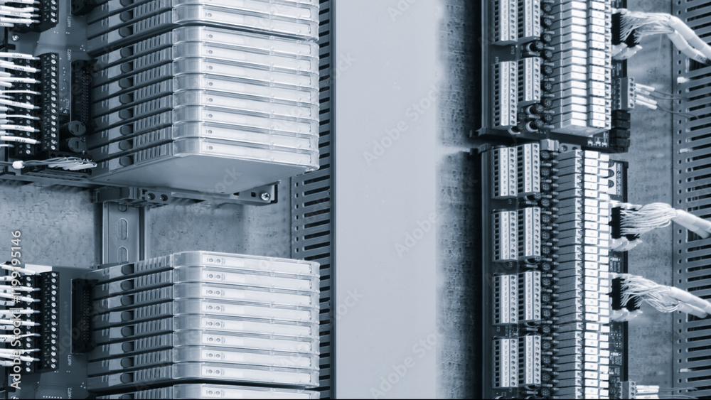 Poster a row of blue omputer parts. data storage for internet server